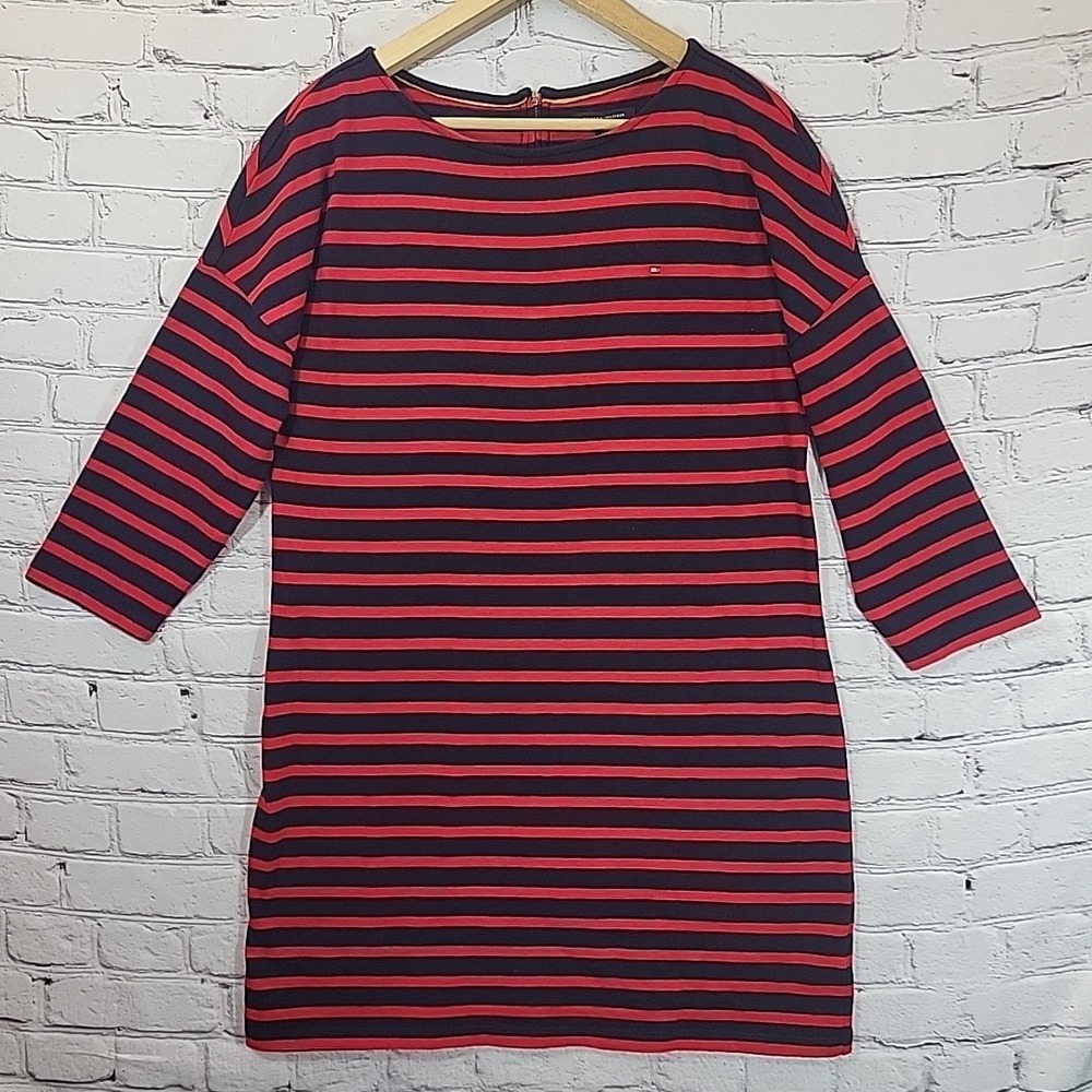 Y2K Tommy Hilfiger Dress L Preppy Red Navy Blue Stripes Exposed Zipper L/S‎